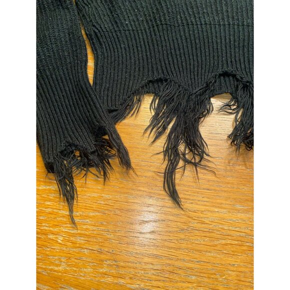 Distressed Black Ribbed Knit Crop Sweater With Frayed Hemline & Cuffs - Picture 4 of 4